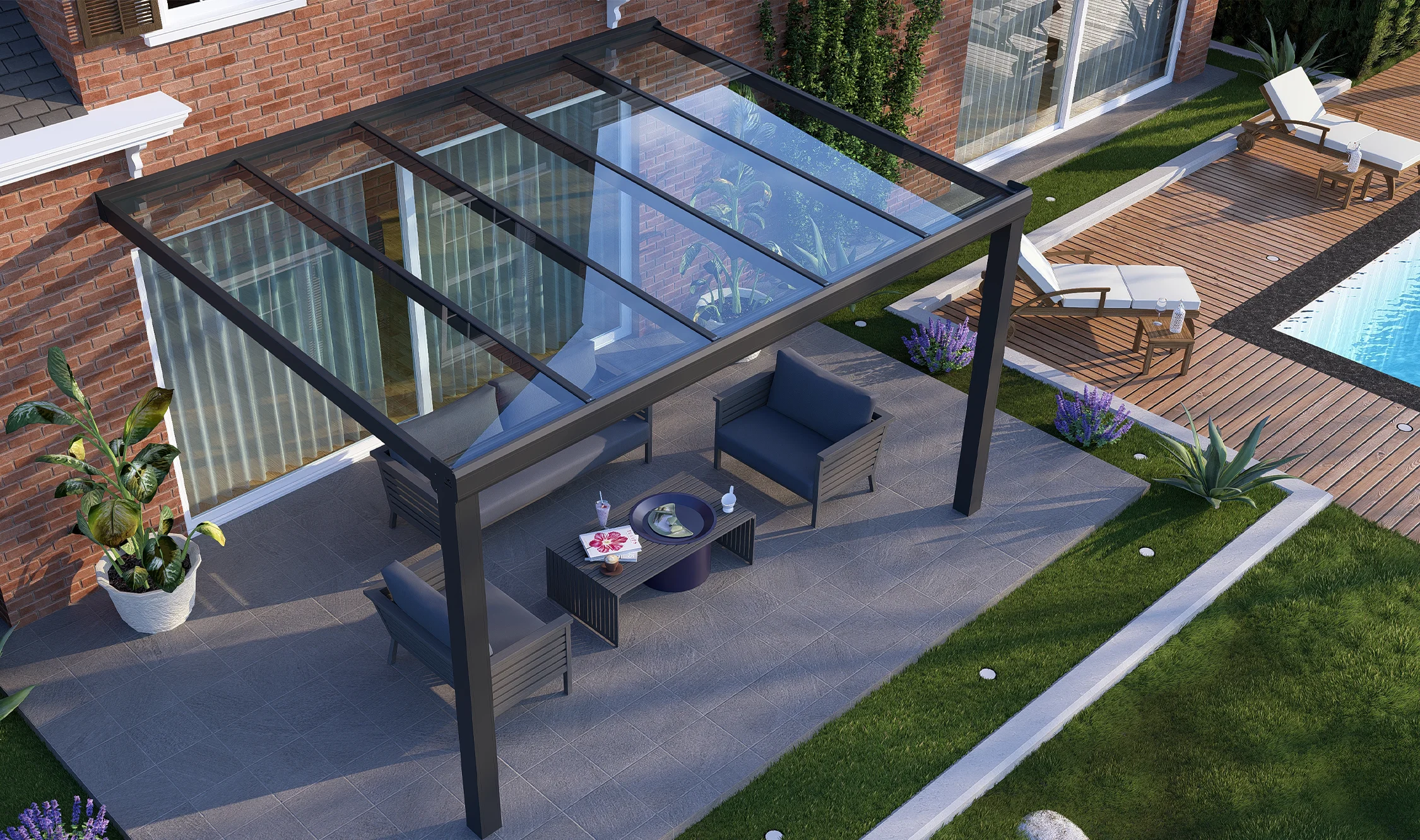Diamond veranda met glazen dak en antraciet aluminium profielen