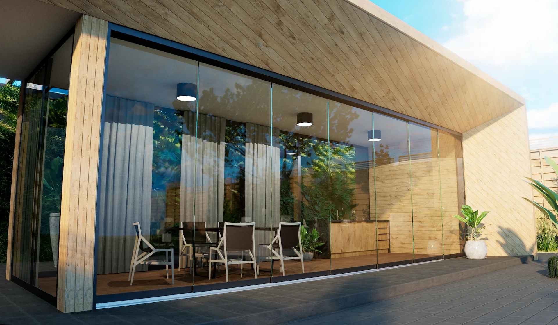 7 spoor glazen schuifwand — totaalbeeld